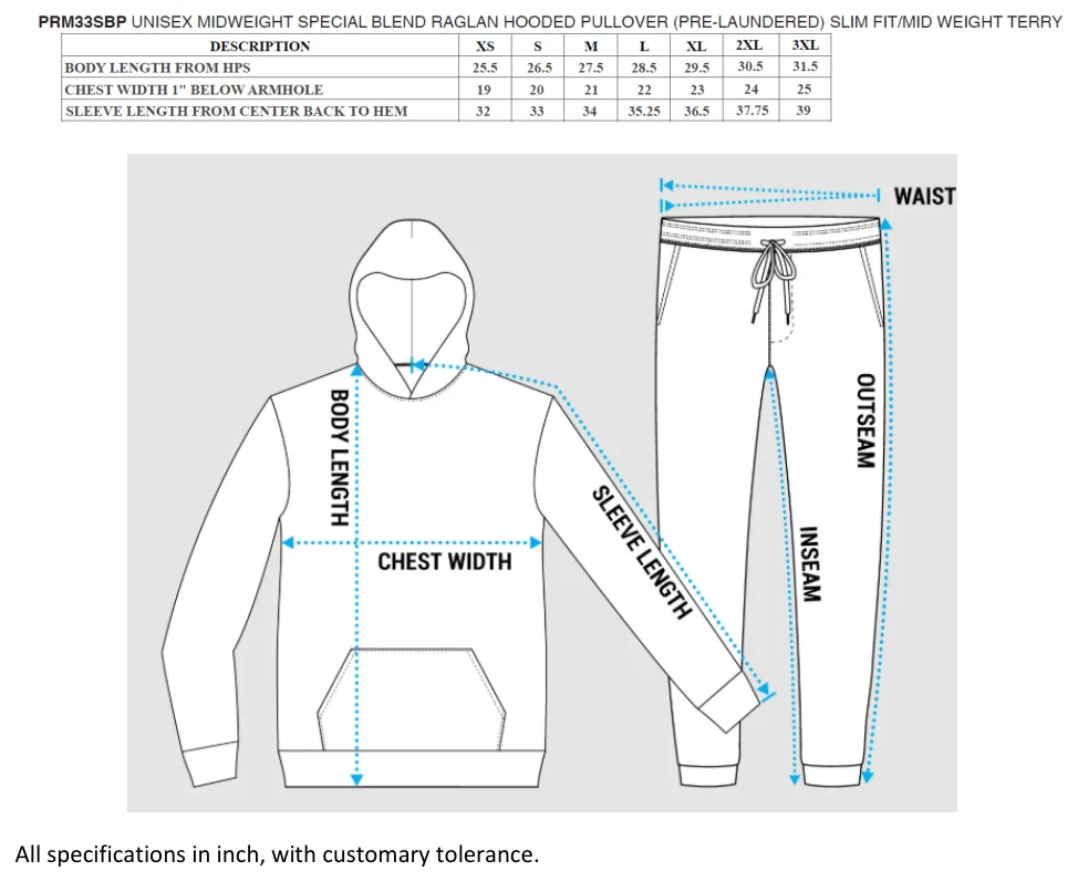 Maßblatt des Herstellers zu Unisex Midweight Special Blend Raglan Hooded Pullover mit den Maßen je Größe
