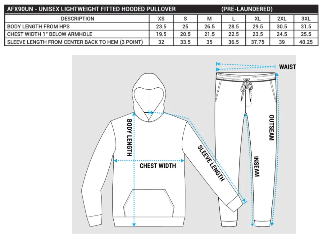 Maßblatt des Herstellers zu Unisex Lightweight Hooded Pullover mit den Maßen je Größe