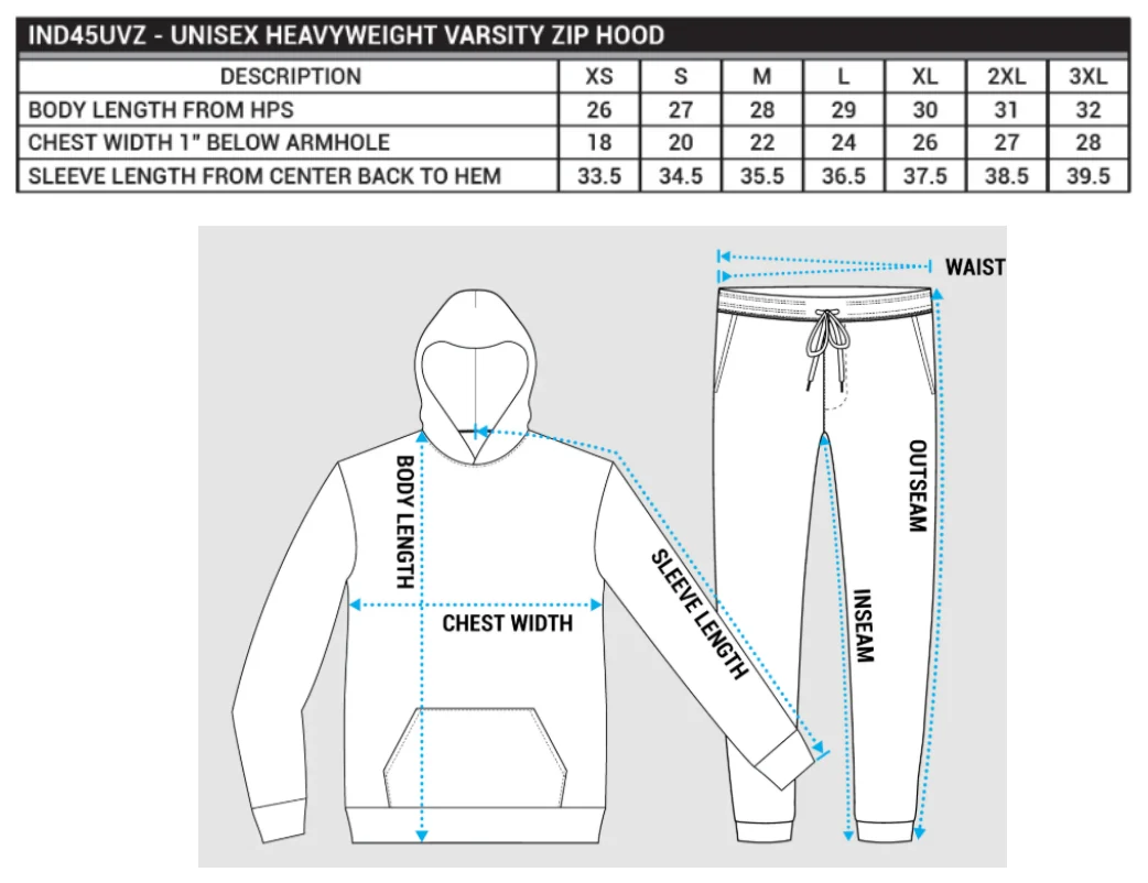 Maßblatt des Herstellers zu Unisex Heavyweight Varsity Zip Hood mit den Maßen je Größe