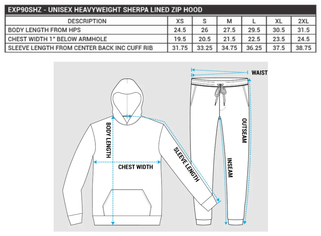 Maßblatt des Herstellers zu Unisex Sherpa Lined Zip Hooded Jacket mit den Maßen je Größe