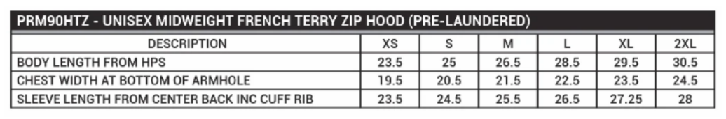 Maßblatt des Herstellers zu Unisex Midweight French Terry Zip Hood mit den Maßen je Größe