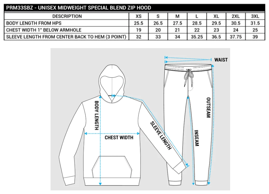 Maßblatt des Herstellers zu Unisex Midweight Special Blend Raglan Zip Hood mit den Maßen je Größe