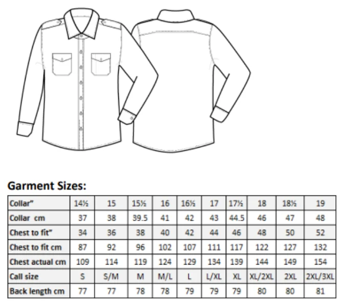Maßblatt des Herstellers zu Pilot Shirt Long Sleeve mit den Maßen je Größe