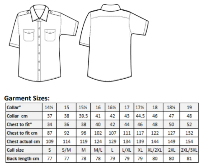 Maßblatt des Herstellers zu Pilot Shirt Short Sleeve mit den Maßen je Größe