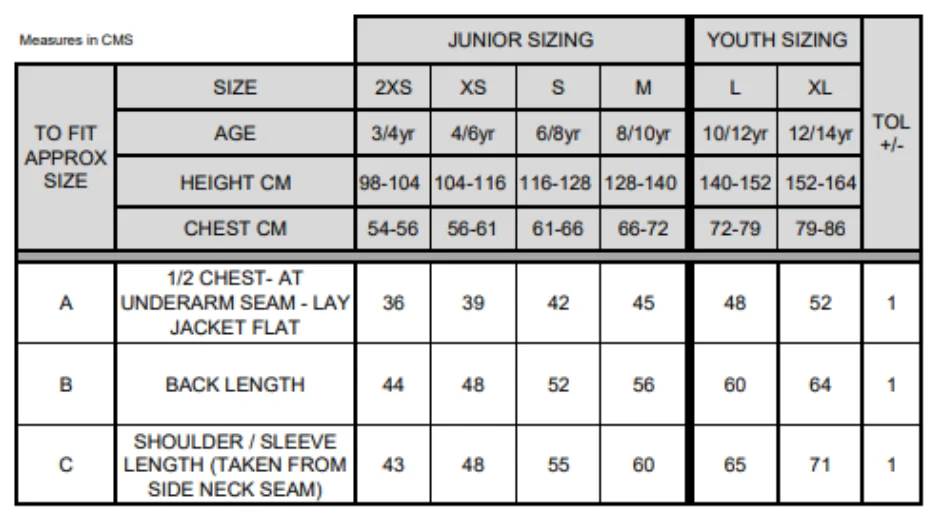 Maßblatt des Herstellers zu Youth Microfleece Jacket mit den Maßen je Größe