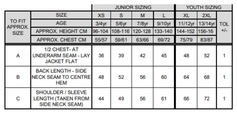 Maßblatt des Herstellers zu Youth Classic Soft Shell Jacket mit den Maßen je Größe