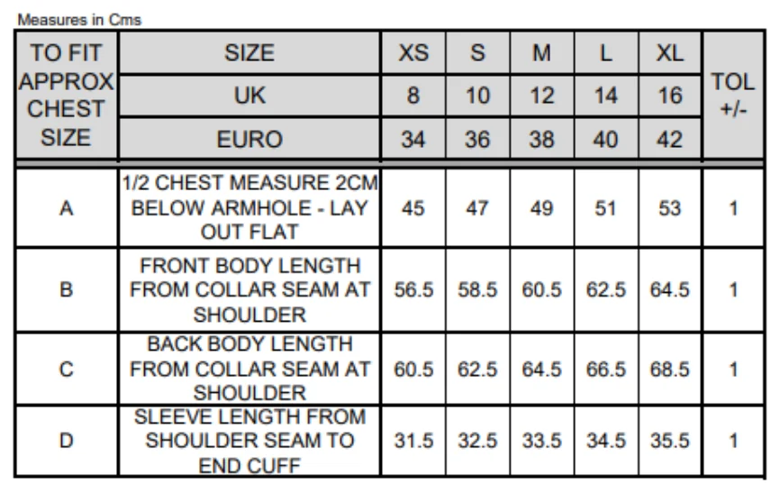 Maßblatt des Herstellers zu Women´s Bikewear Full Zip Performance Top mit den Maßen je Größe