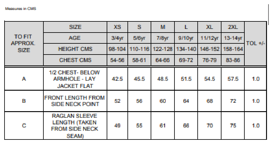 Maßblatt des Herstellers zu Junior Microfleece Lined Jacket mit den Maßen je Größe