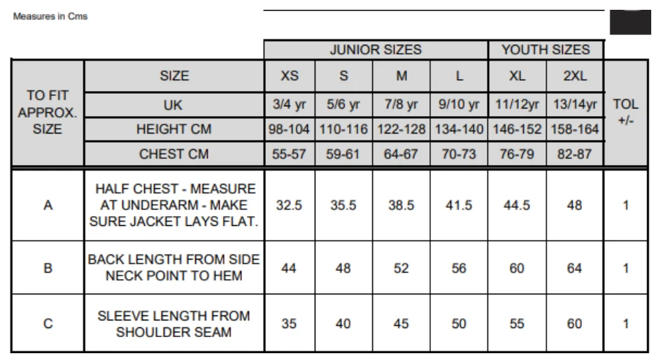 Maßblatt des Herstellers zu Junior TX Performance Hooded Soft Shell Jacket mit den Maßen je Größe