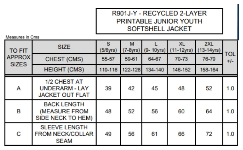 Maßblatt des Herstellers zu Recycled 2-Layer Printable Youth Softshell Jacket mit den Maßen je Größe