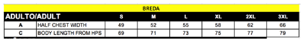 Maßblatt des Herstellers zu T-Shirt Breda mit den Maßen je Größe