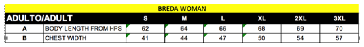 Maßblatt des Herstellers zu Women´s T-Shirt Breda mit den Maßen je Größe