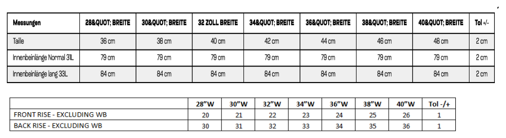 Maßblatt des Herstellers zu Max Slim Jeans mit den Maßen je Größe
