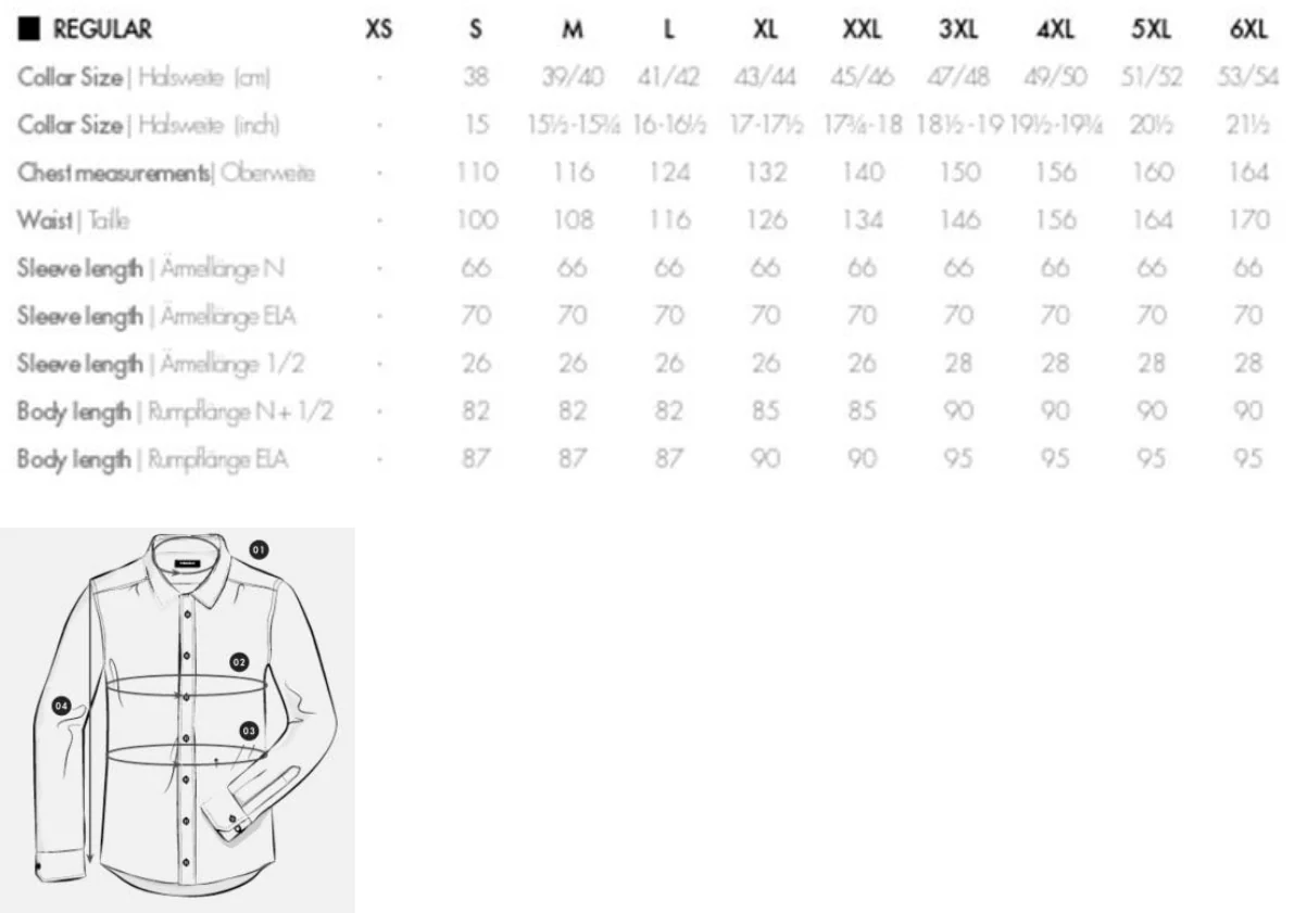 Maßblatt des Herstellers zu Men´s Shirt Regular Fit Extra Longsleeve mit den Maßen je Größe
