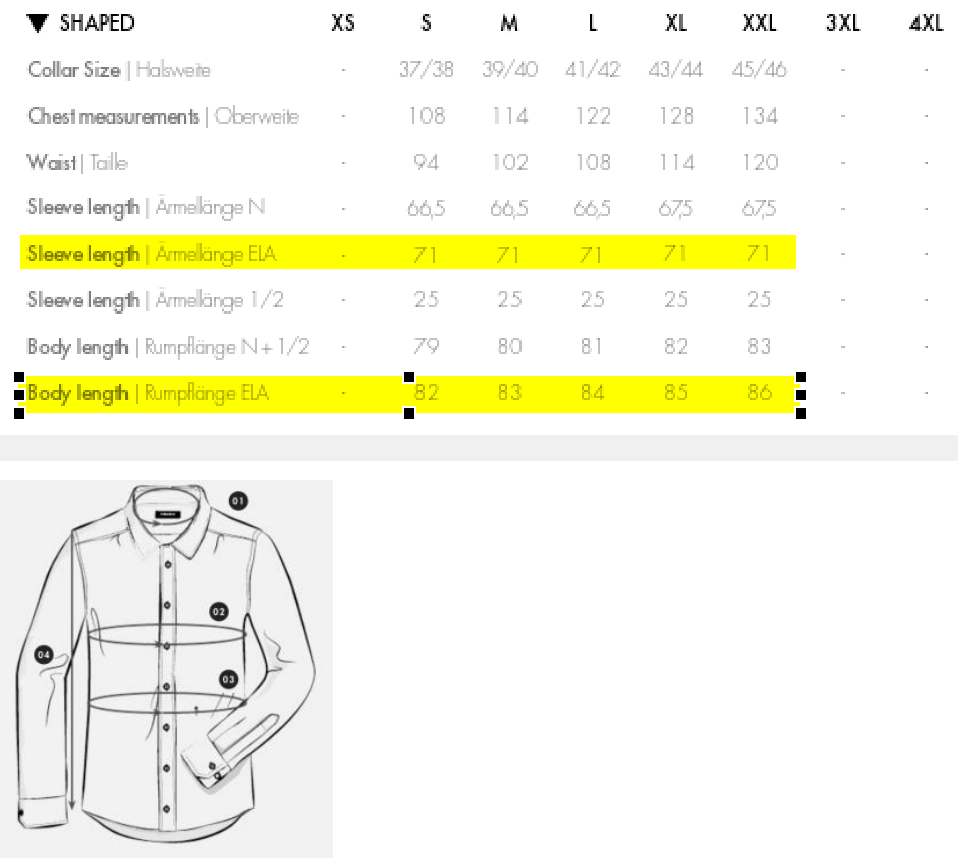 Maßblatt des Herstellers zu Men´s Shirt Shaped Fit Extra Longsleeve mit den Maßen je Größe