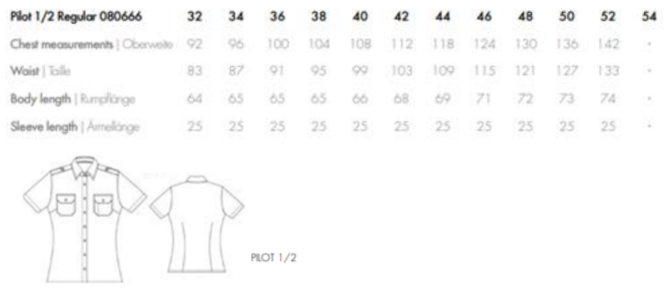 Maßblatt des Herstellers zu Women´s Pilot Blouse Regular Fit Shortsleeve mit den Maßen je Größe