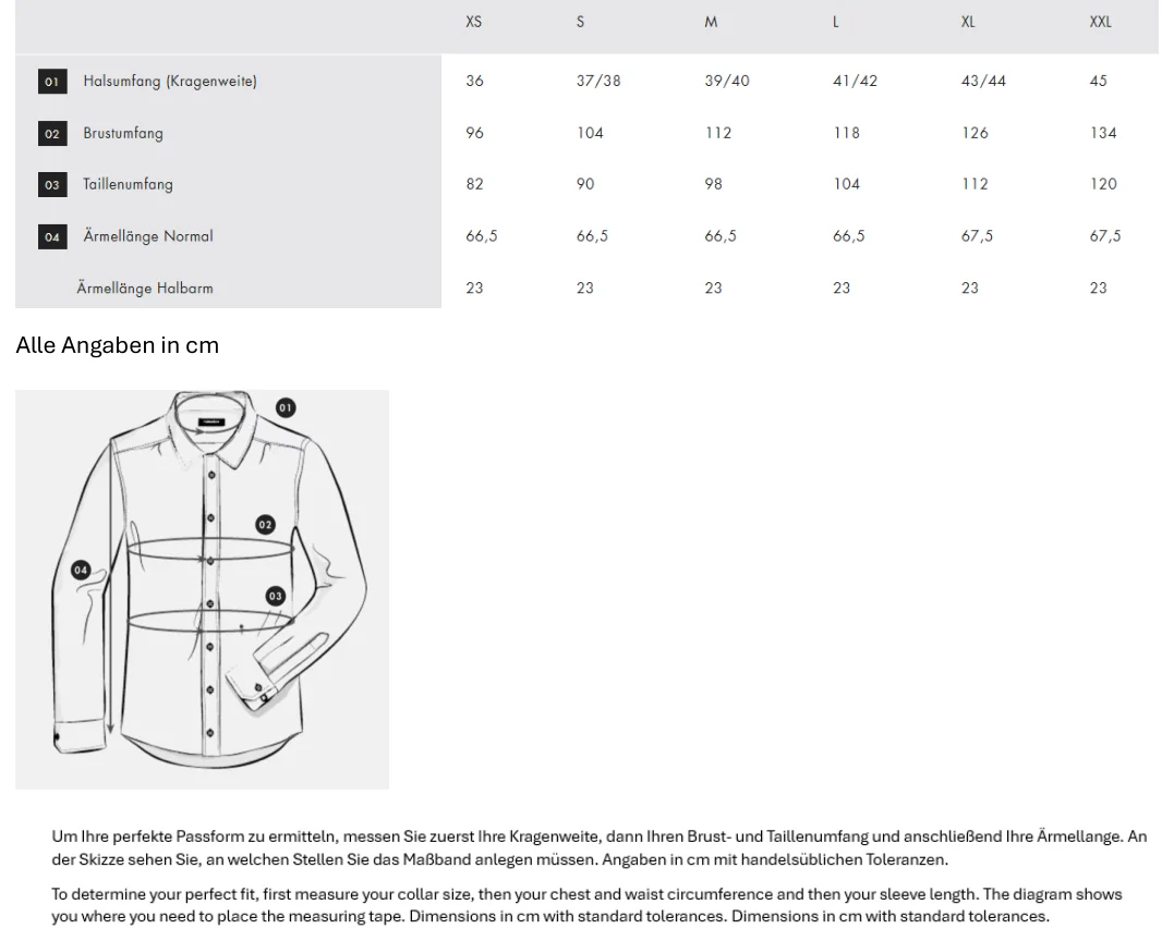 Maßblatt des Herstellers zu Men´s Shirt Slim Fit Fine Twill Longsleeve mit den Maßen je Größe