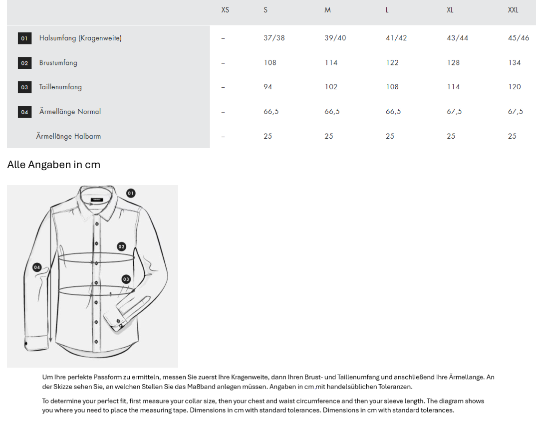 Maßblatt des Herstellers zu Men´s Shirt Shaped Fit Fine Twill Longsleeve mit den Maßen je Größe