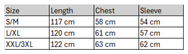 Maßblatt des Herstellers zu Bathrobe Hooded mit den Maßen je Größe