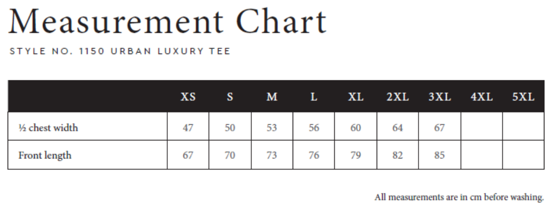 Maßblatt des Herstellers zu UNLABELED Luxury Tee mit den Maßen je Größe