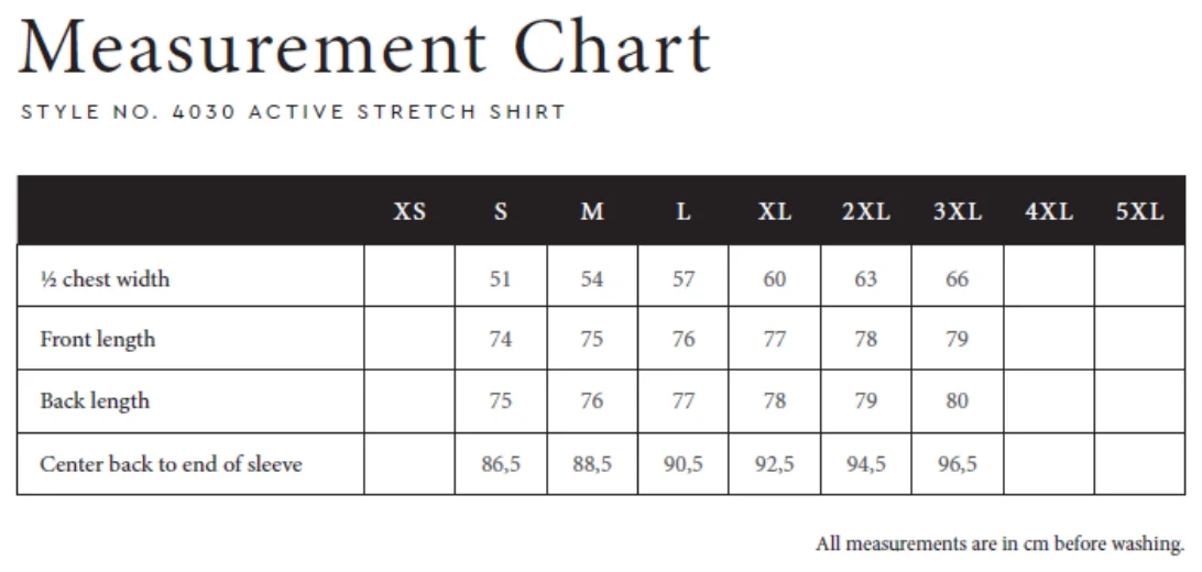 Maßblatt des Herstellers zu Active Stretch Shirt mit den Maßen je Größe
