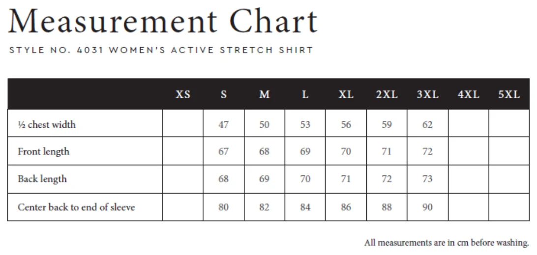 Maßblatt des Herstellers zu Women´s Active Stretch Shirt mit den Maßen je Größe