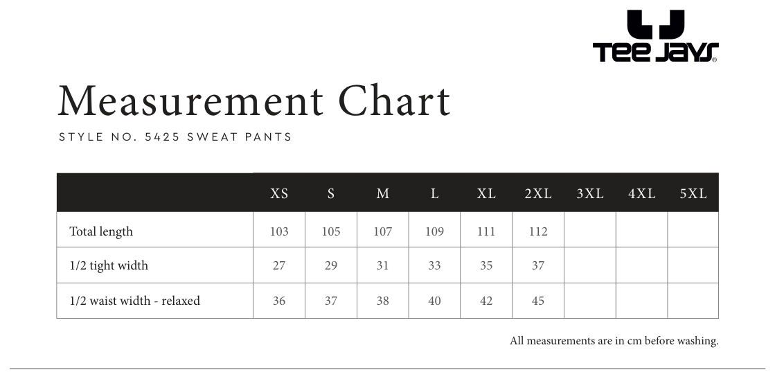 Maßblatt des Herstellers zu Sweat Pants mit den Maßen je Größe