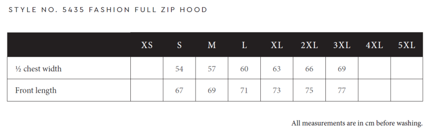 Maßblatt des Herstellers zu Men´s Fashion Full Zip Hood mit den Maßen je Größe