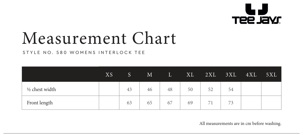 Maßblatt des Herstellers zu Women´s Interlock Tee mit den Maßen je Größe
