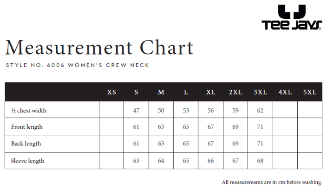 Maßblatt des Herstellers zu Women´s Crew Neck Sweater mit den Maßen je Größe