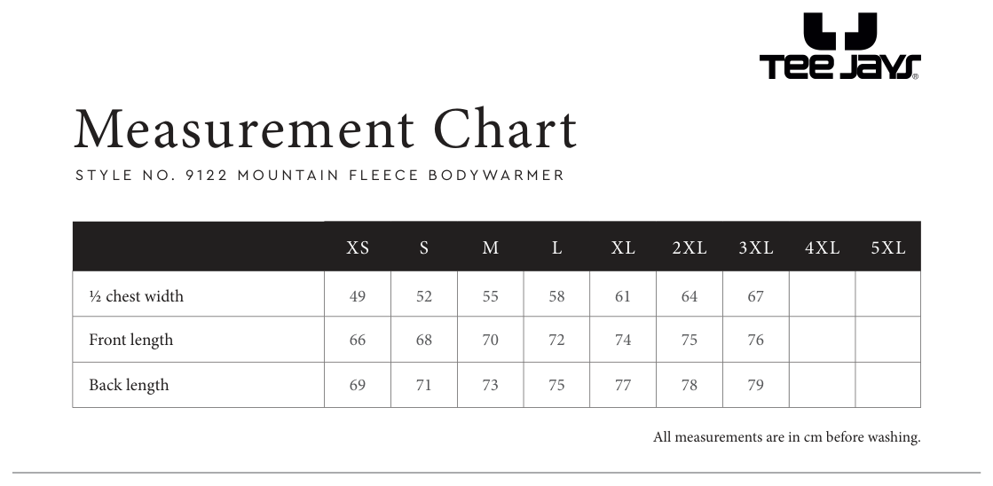 Maßblatt des Herstellers zu Mountain Fleece Bodywarmer mit den Maßen je Größe