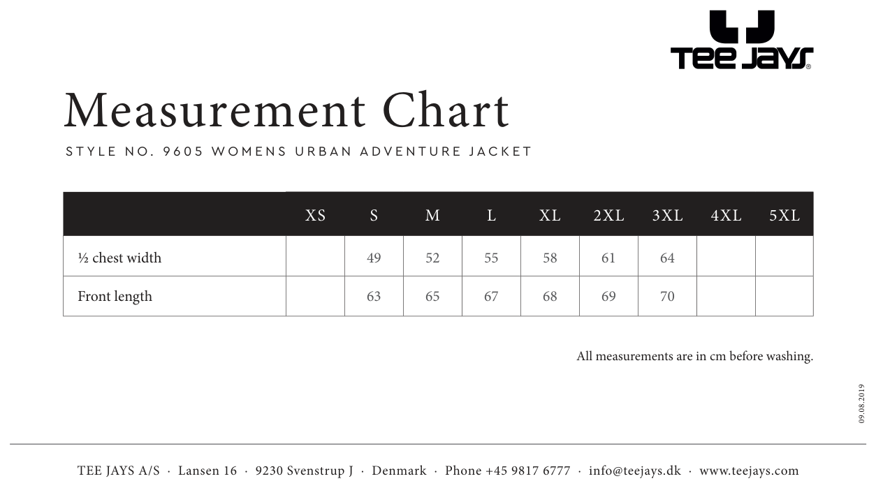 Maßblatt des Herstellers zu Women´s Urban Adventure Jacket mit den Maßen je Größe