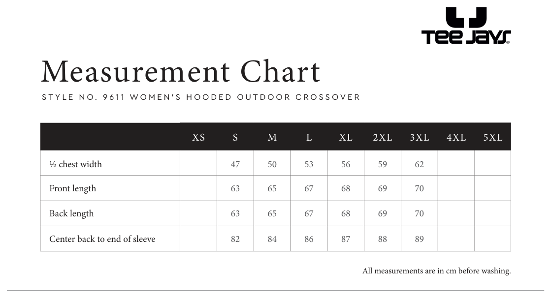 Maßblatt des Herstellers zu Women´s Hooded Outdoor Crossover Jacket mit den Maßen je Größe