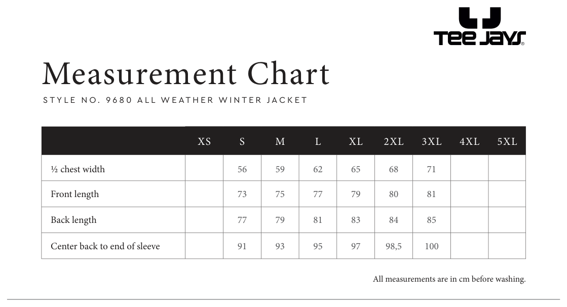 Maßblatt des Herstellers zu Men´s All Weather Winter Jacket mit den Maßen je Größe