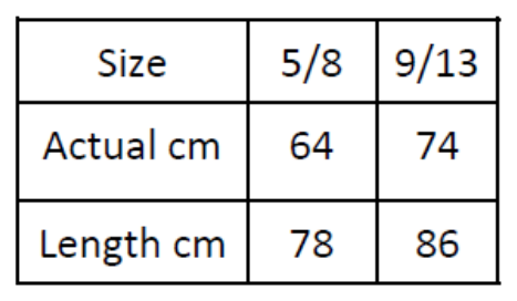 Maßblatt des Herstellers zu Kids TriDri® All Seasons Waterproof Changing Robe mit den Maßen je Größe