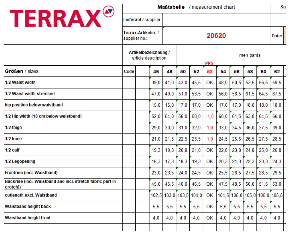 Maßblatt des Herstellers zu Men´s Work Trousers mit den Maßen je Größe