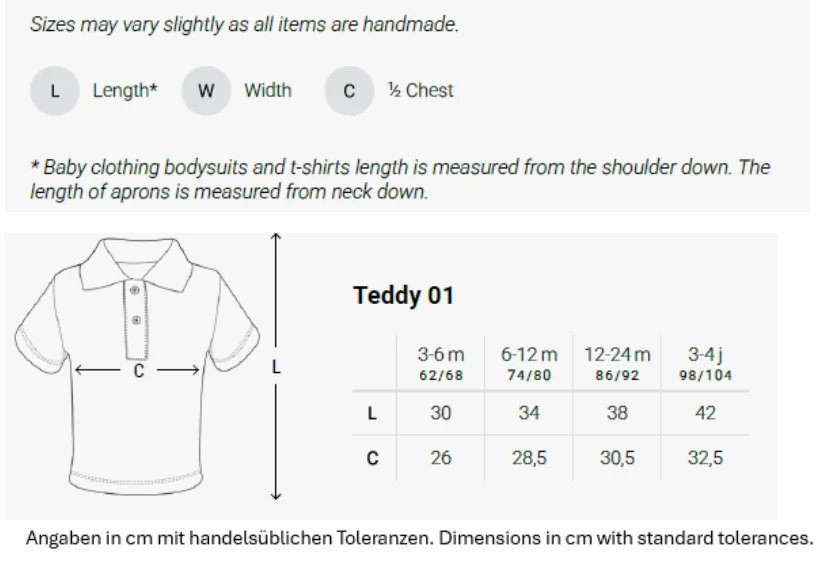 Maßblatt des Herstellers zu Organic Baby Polo Short Sleeve Teddy 01 mit den Maßen je Größe