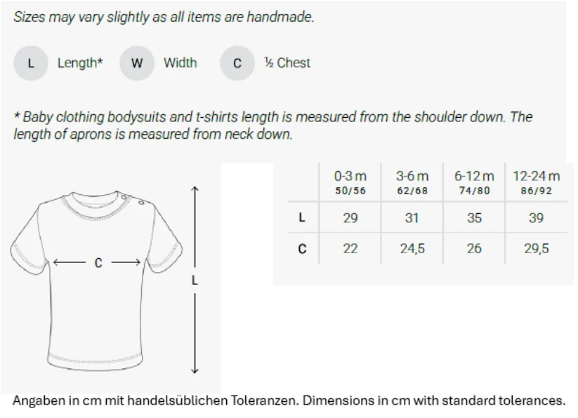 Maßblatt des Herstellers zu Organic Baby T-Shirt Short Sleeve Noah 01 mit den Maßen je Größe