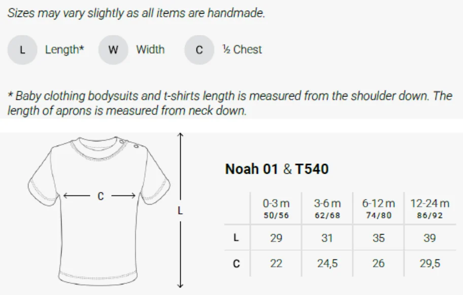 Maßblatt des Herstellers zu Short Sleeve Baby T-Shirt Polyester mit den Maßen je Größe