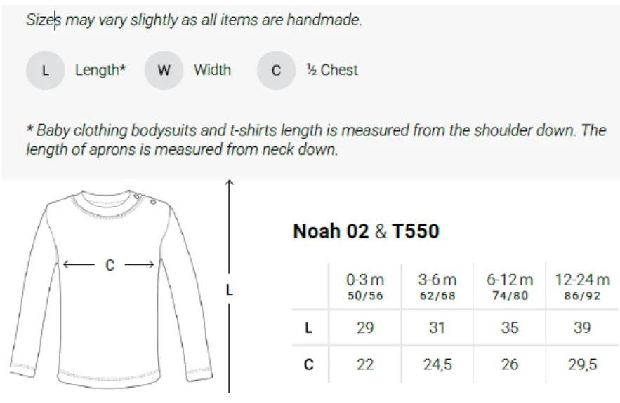 Maßblatt des Herstellers zu Long Sleeve Baby T-Shirt Polyester mit den Maßen je Größe