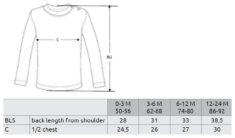 Maßblatt des Herstellers zu Bio Long Sleeve Baby T-Shirt mit den Maßen je Größe