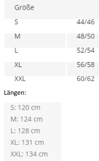 Maßblatt des Herstellers zu Velours Bademantel Feeling / Schalkragen mit den Maßen je Größe