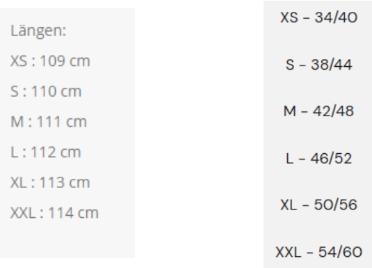 Maßblatt des Herstellers zu Unisex Kapuzenmantel Texas mit den Maßen je Größe