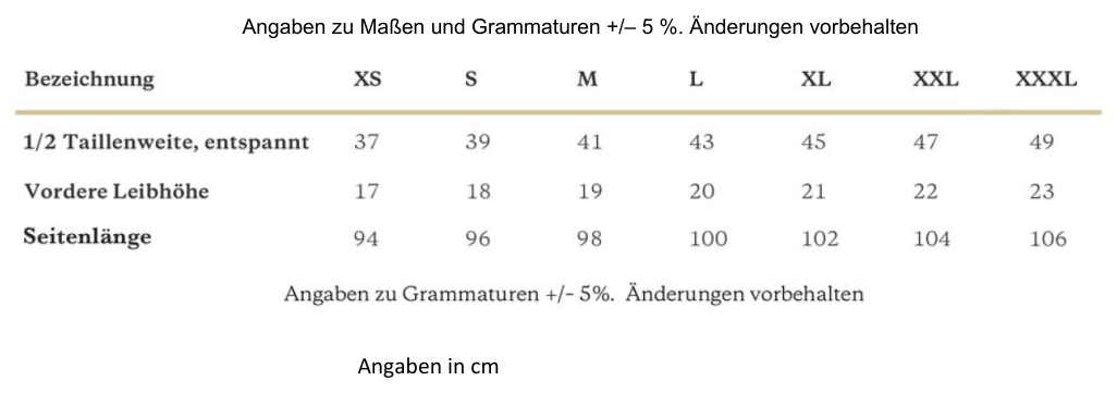 Maßblatt des Herstellers zu Women´s Pants mit den Maßen je Größe