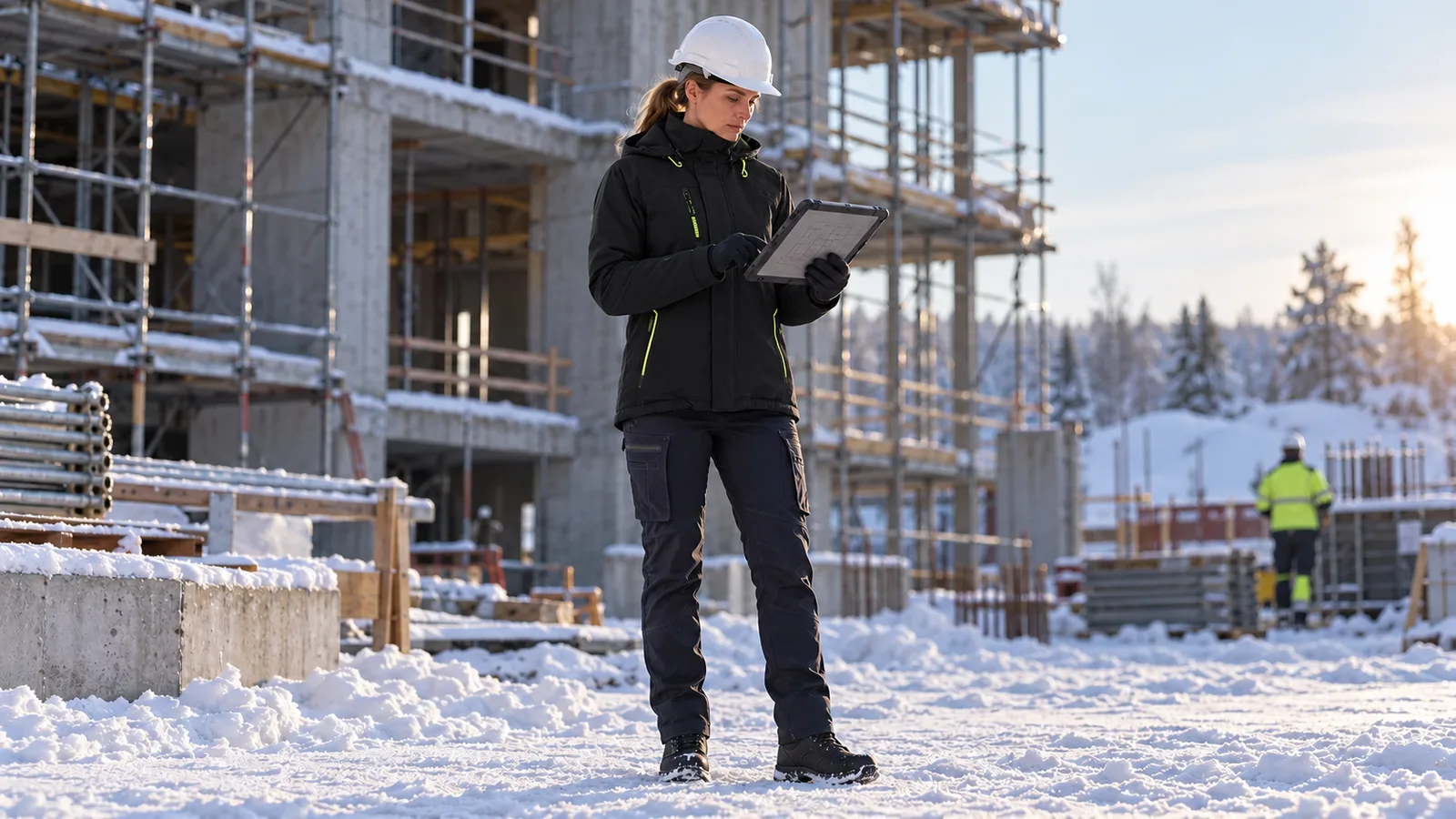 Draußen im Einsatz: Bauleiterin im Schnee: Damen-Winterjacke Stretch 4408 mit Damen-Softshellhose 7177.