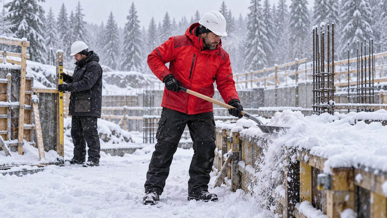 Draußen im Einsatz: Schneetreiben am Waldrand: Winterjacke 4881 mit Winterhose 1810, dahinter der Winterparka 4989.