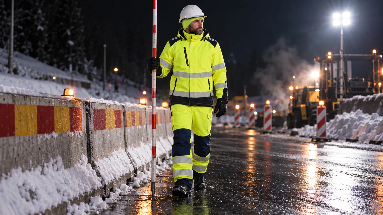 Draußen im Einsatz: Straßenbaustelle bei Nacht: High Vis Softshell 4400 mit High-Vis-Winterhose 1875 und Stretch-Mütze 2063 unter dem Helm.