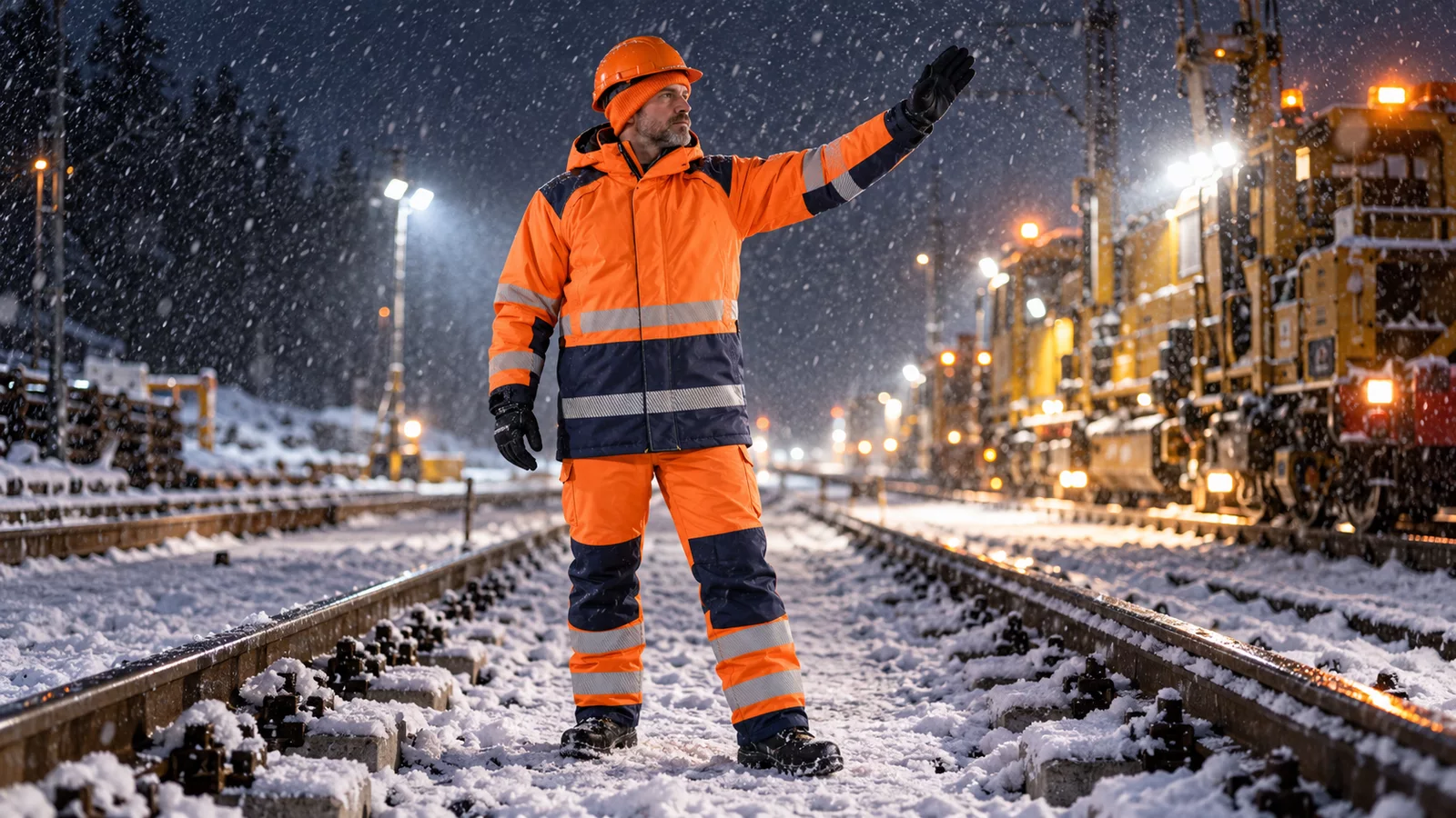 Draußen im Einsatz: Gleisbau im Schneetreiben: High Vis Winterparka 4457 mit High-Vis-Winterhose 1875 und Stretch-Mütze 2063, Ton in Ton.