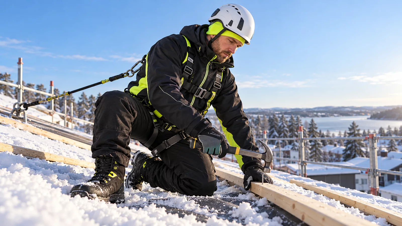 Draußen im Einsatz: Auf dem verschneiten Dach: Stretch-Mütze 2063, Winterhandschuh 2882 und Winterstiefel STORM 2490 — warm von Kopf bis Fuß.