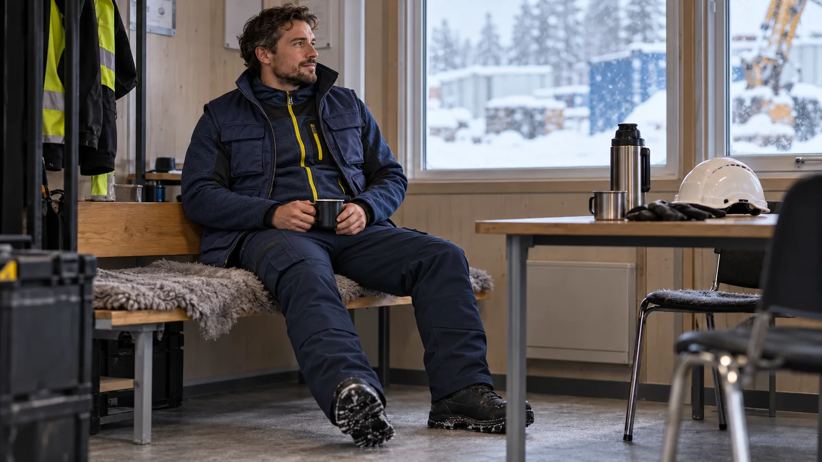 Draußen im Einsatz: Pause im Container: Strickjacke 4930 unter der offenen Winterweste 3801, dazu die Service-Softshellhose 1477.